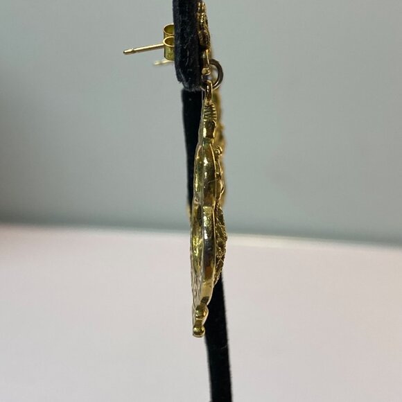 Gold-Tone Filigree Dangle Earrings With Ornate Design & Fleur De Lis Accents - Picture 6 of 10